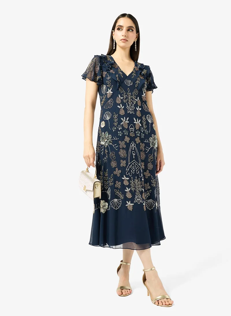 Frock and Frill Embroidered Short Sleeve Midi Dress